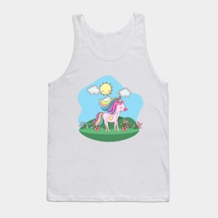 Cute Little Unicorn With Heart Standing In a Field On a Sunny Day Tank Top